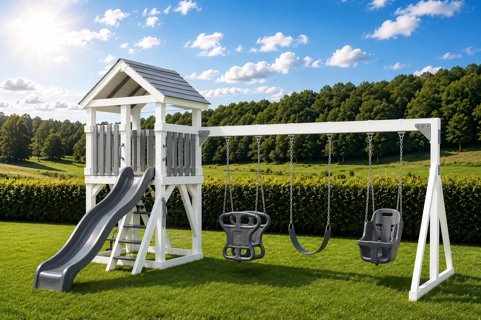 Vinyl playset with fort, swings, and slide